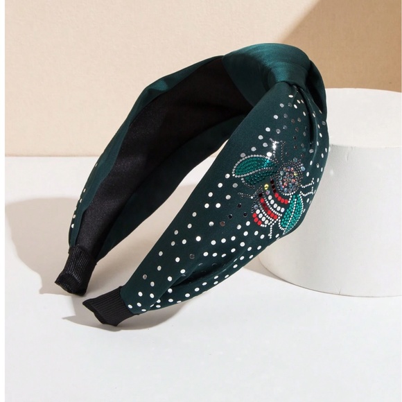Green Satin Bee Glitter Knot Headband main image 2